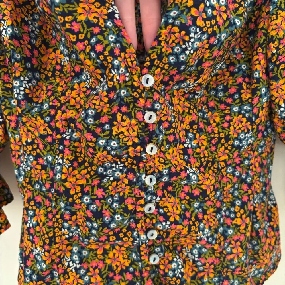 Free People Navy Floral Puff-Sleeve Button Blouse